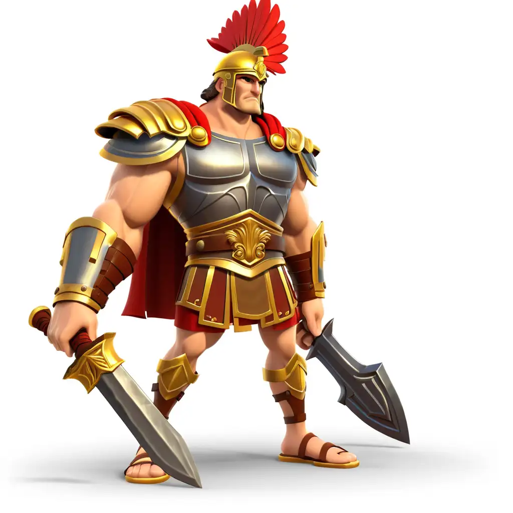 A muscular ancient Roman soldier with red headband, golden armor and helmet holding sword in hand , cartoon style for the game character design, 3D rendering, full body shot, simple white background, 2d mobile casual game art