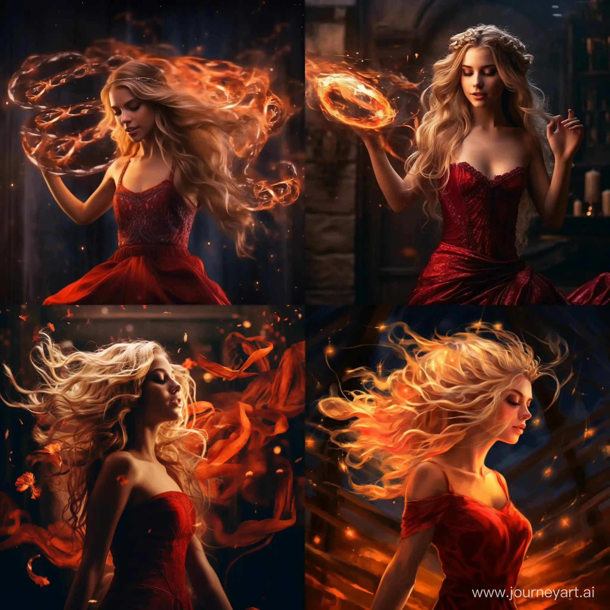 Девушка танцует на огне  с блондинистыми волосами в красном платье, короной золотой на голове
