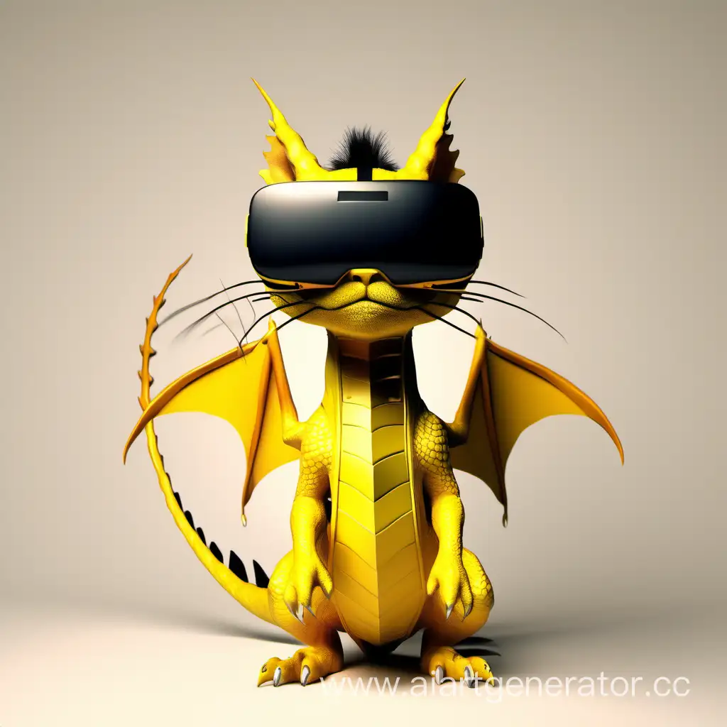 желтый дракон с кошачьими усами, носит черные очки виртуальной реальности, играет в смартфон