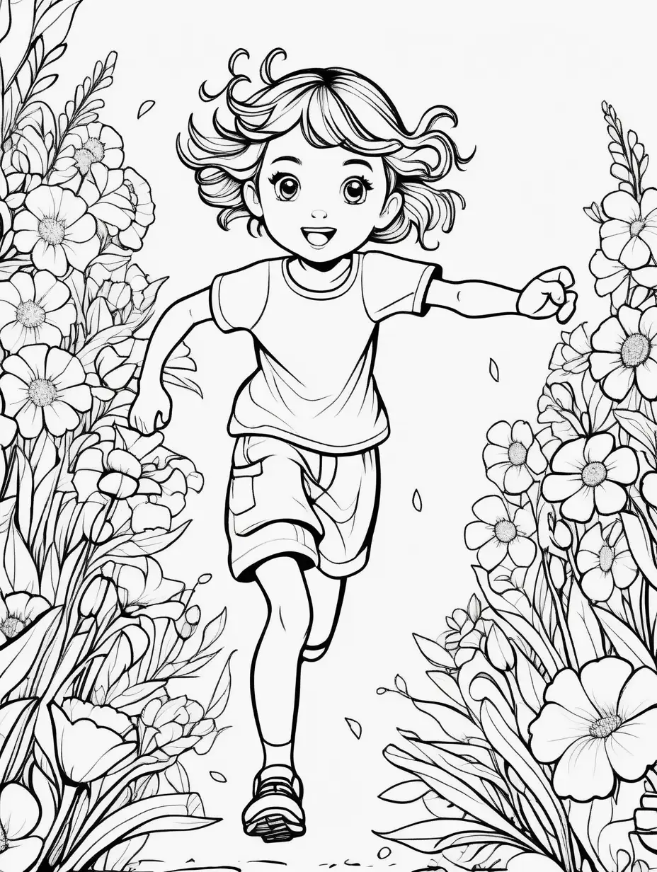 Coloring page for kids, cute female child, the child is running among flowers, black lines white background 