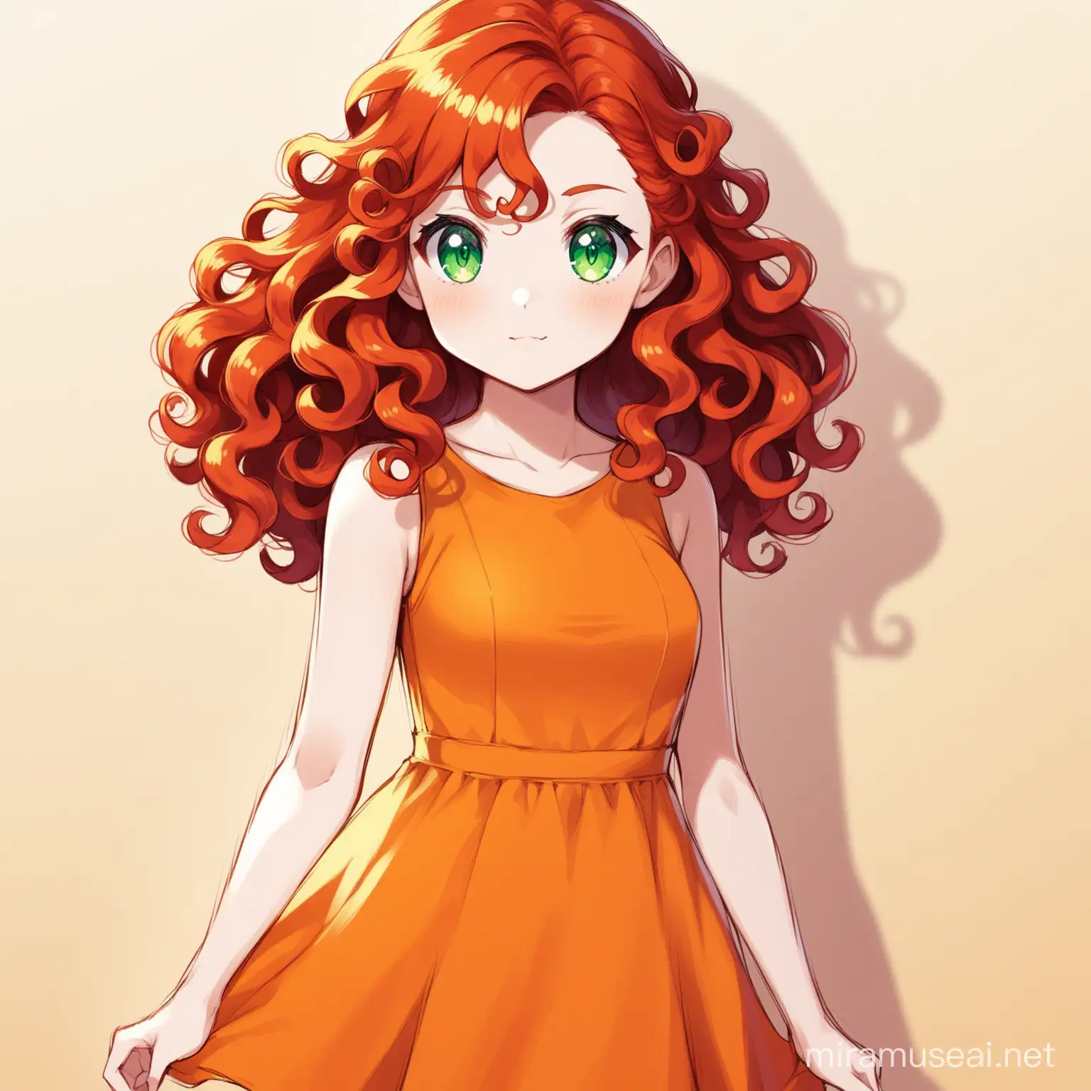 Pokemon style, red curly haired, young girl, green eyes, orange dress
