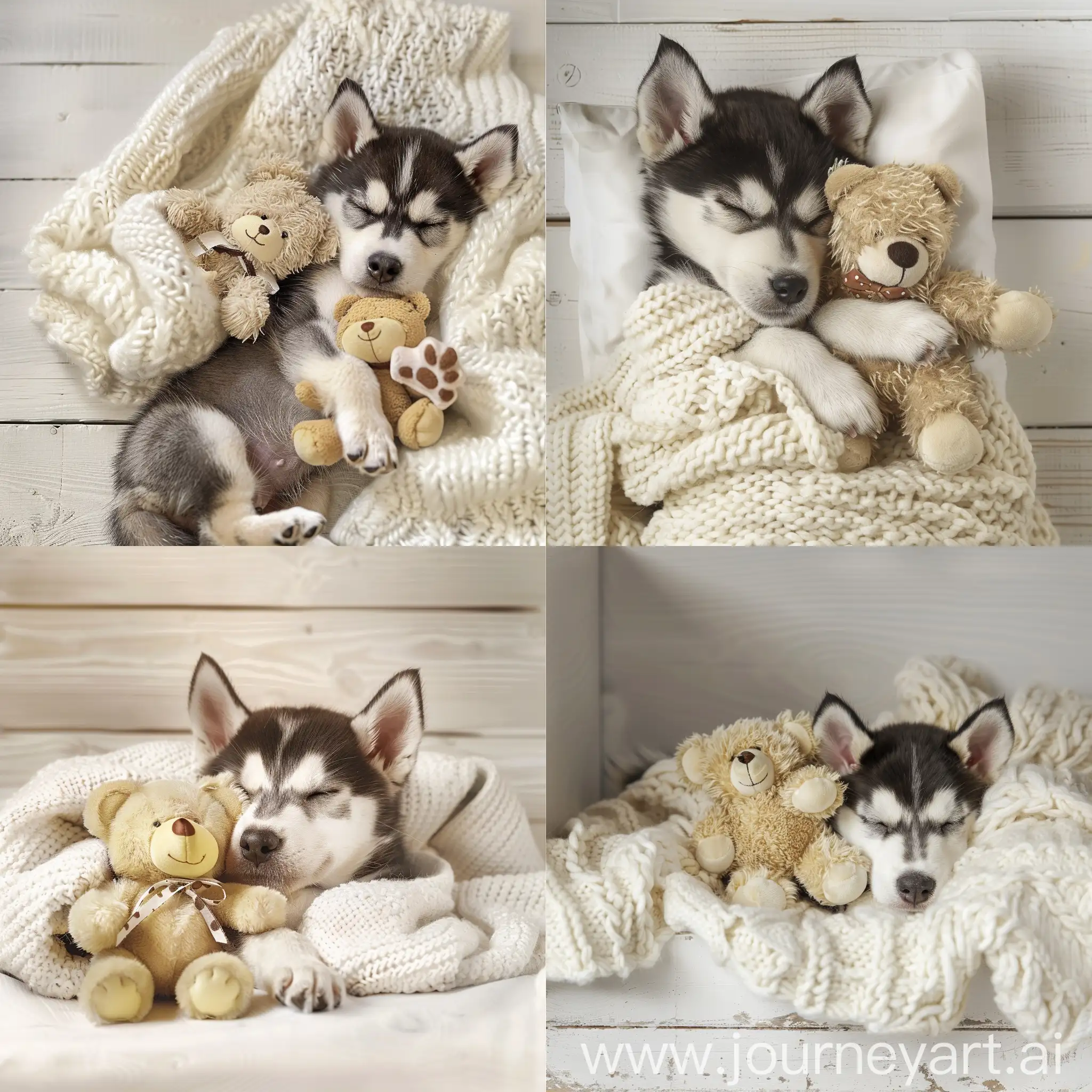 A cute puppy husky sleeping holding a stuffed fuzzy teddy bear, under white cream colored blanket on a pale wooden surface, photorealistic, photo