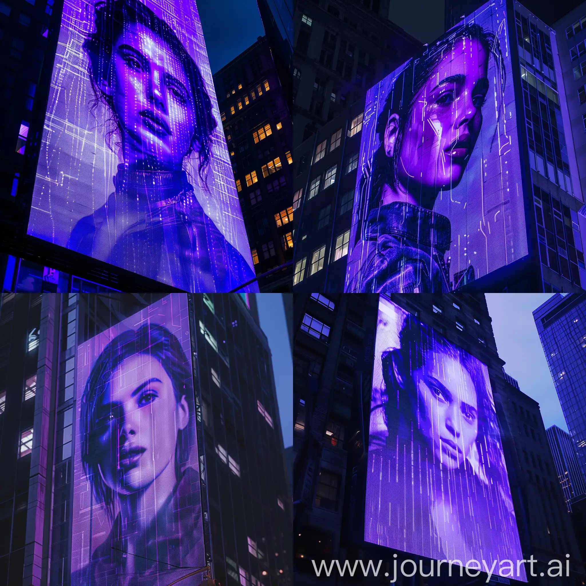 a purple blue holographic billboard of a woman , night time, style raw, futuristic, close up, city, year 2049, new york city, natural lighting, dystopian,

