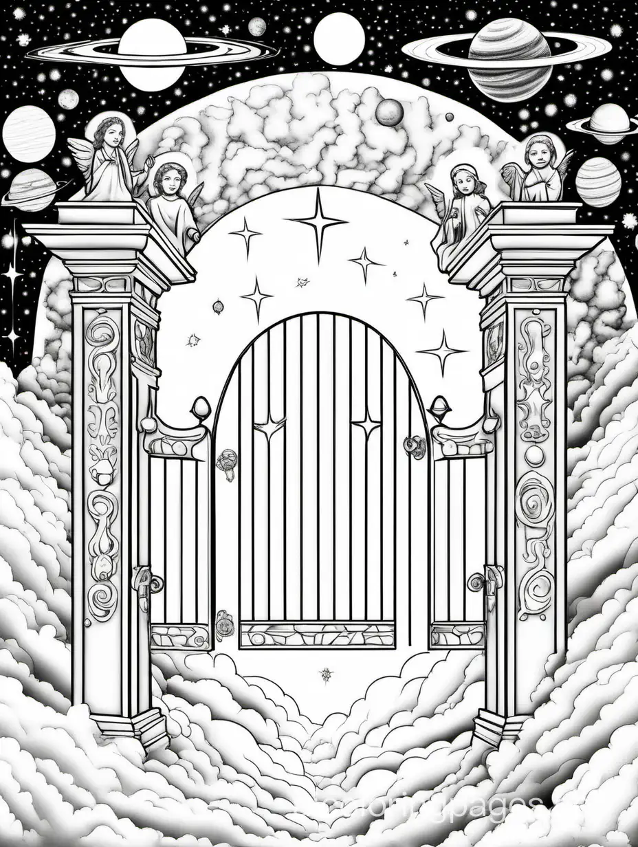 a simple gateway to heaven high in the sky surrounded by gods and angels and planets, Coloring Page, black and white, line art, white background, Simplicity, Ample White Space. The background of the coloring page is plain white to make it easy for young children to color within the lines. The outlines of all the subjects are easy to distinguish, making it simple for kids to color without too much difficulty
