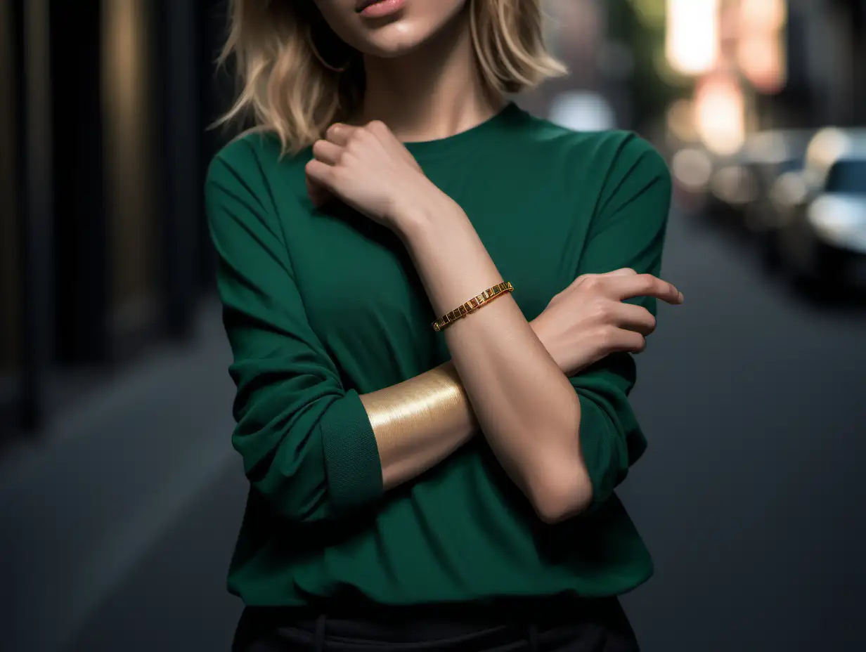 a small thin minimalist gold bracelet closeup on a confident beautyful model, shot with sony a7 III black background shot on street, casual dress, green long leeve shirt, streatwear, modell is looking away from camera, aperture f7 no necless in the picture