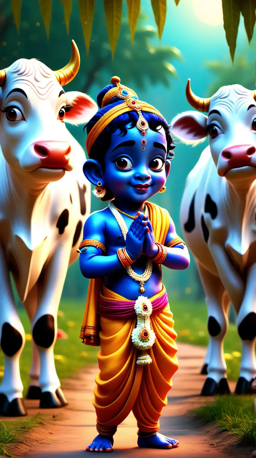 Charming DisneyStyle Depiction Little Krishnas Emotional Village Encounter with Cows and Flute