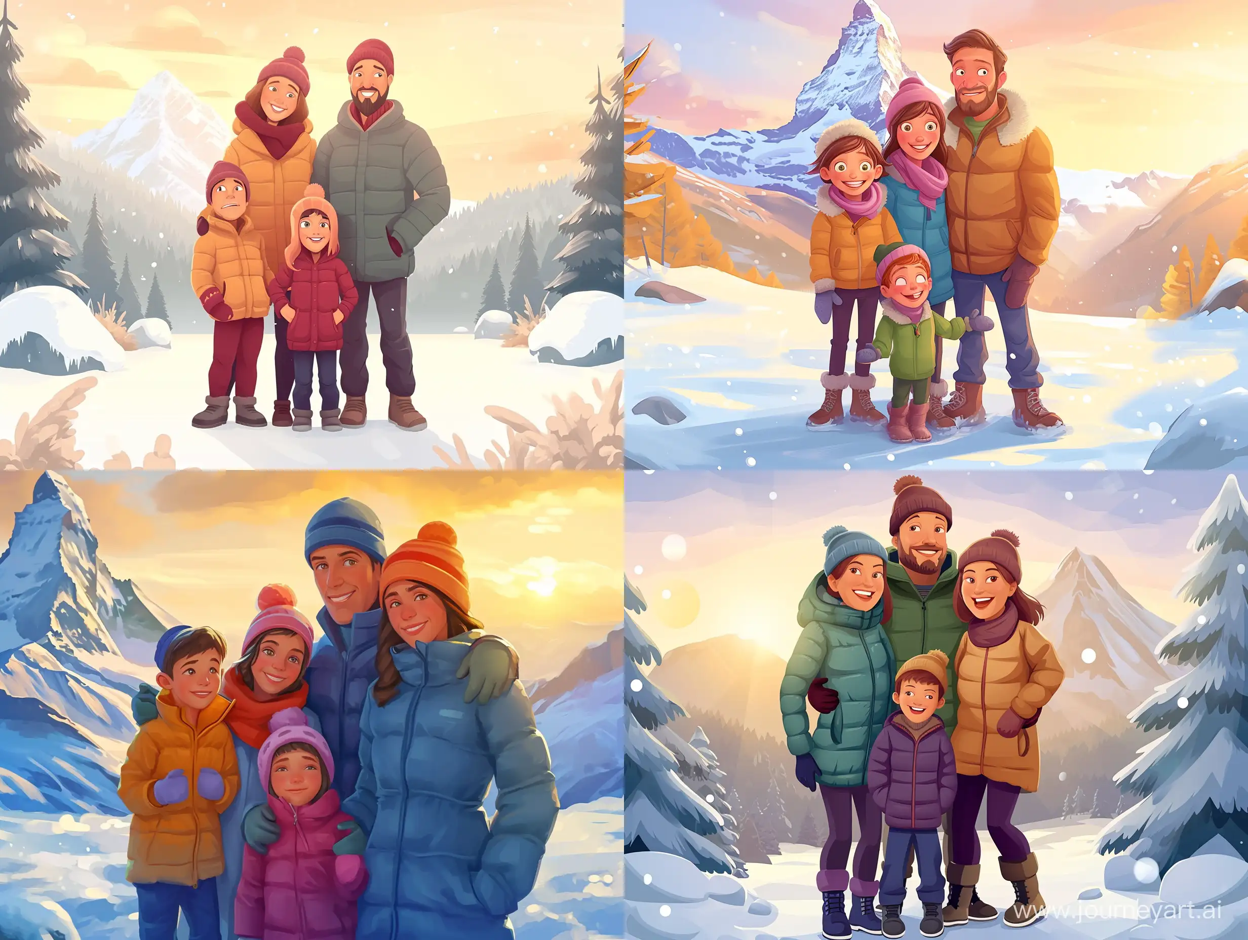 Pixar Cartoon style of  Портрет счастливой семьи на фоне живописного зимнего пейзажа. Мама, папа и двое детей (мальчик и девочка лет 7-10) в теплой зимней одежде - пуховиках, шапках, варежках и сапогах. Вдали виднеется заснеженная горная вершина, отражающая лучи заходящего солнца. Семья радуется хорошей погоде. Используй мягкий свет, идеальную композицию и интересный ракурс."