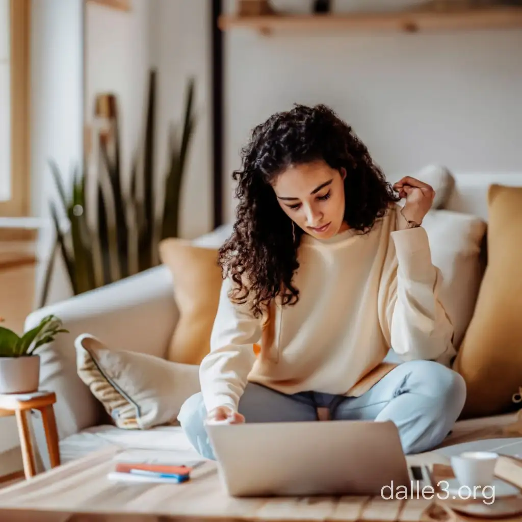 a gen-x aged female home alone in her cozy living room learning to speak french online with chatgpt