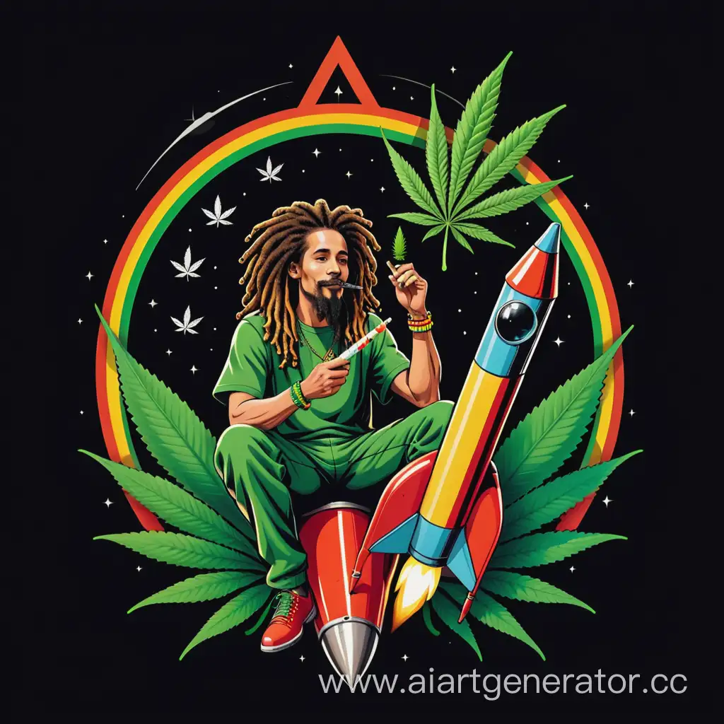 логотип, на ракете сидит растаман, держит в одной руке косяк с марихуаной, фон черный