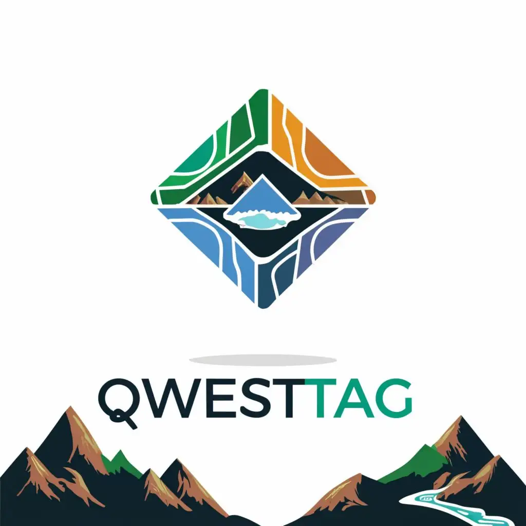 logo, blockchain, mountains, river.  with a 6 sided shape. no background, with the text "QwestTag", typography, be used in Technology industry