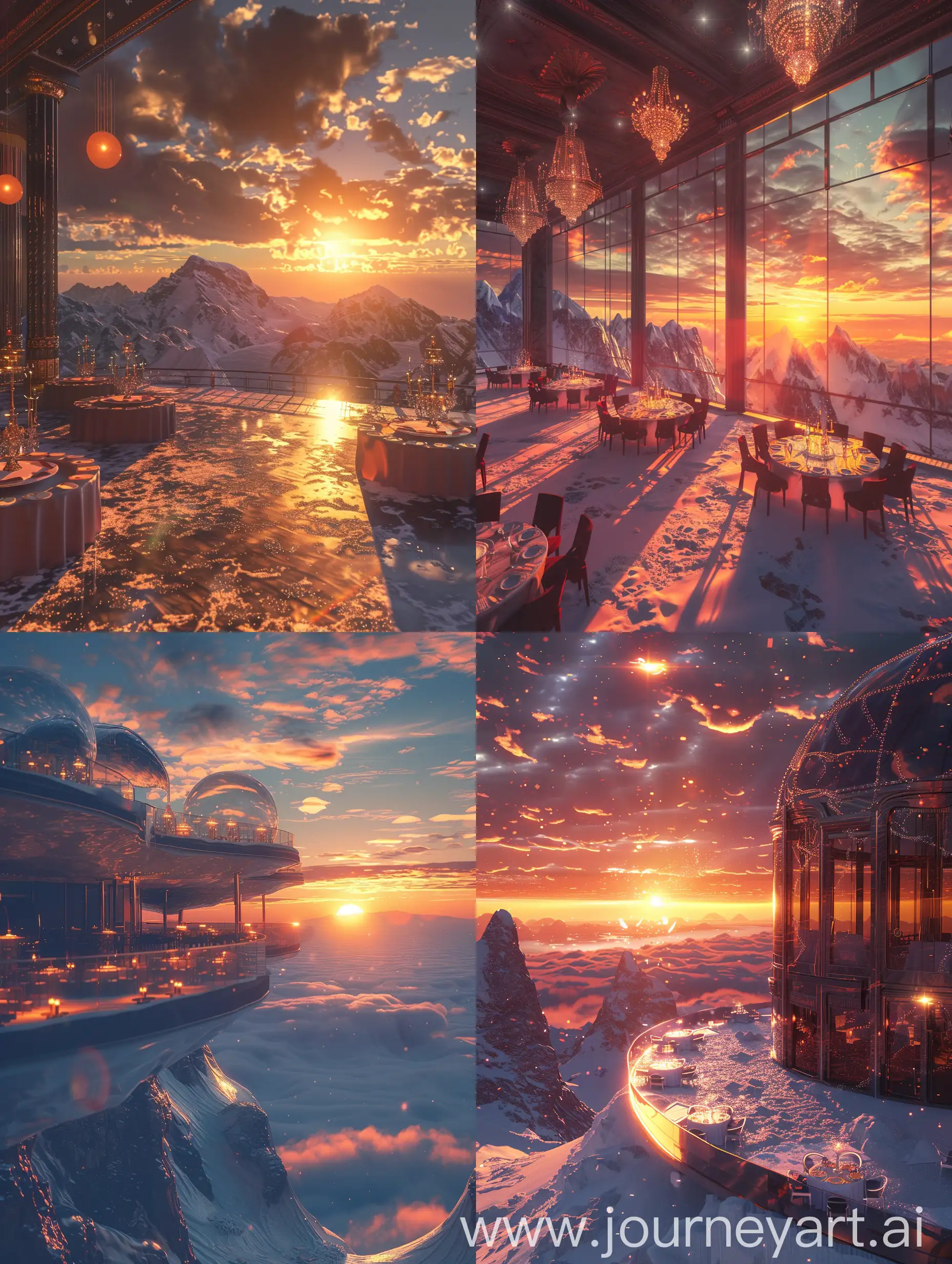 at the big ballroom on the peak of the mountain, in North Pole, far from anywhere, shining sunset, extreme Detail CG Unity 8K wallpaper, masterpiece, highest quality, exquisite lighting and shadow, highly dramatic picture, cinematic lens effect, excellent detail, outstanding lighting, wide angle, (excellent rendering, enough to be proud of its kind, photorealistic image
