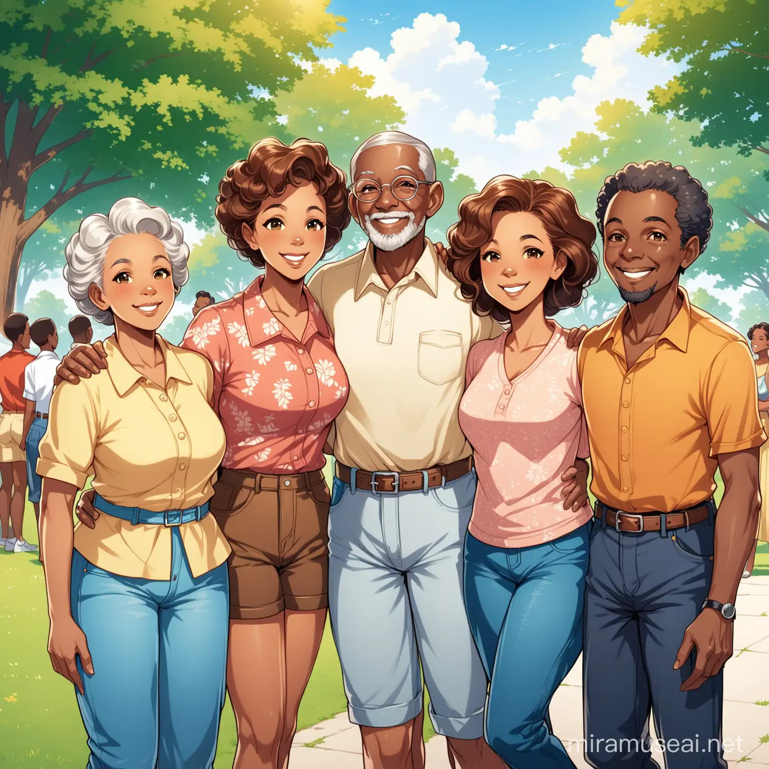 1900s cartoon-style light-skinned & dark complexion senior citizens, adults & teenager African Americans in jeans & shorts at the park for a family reunion smiling