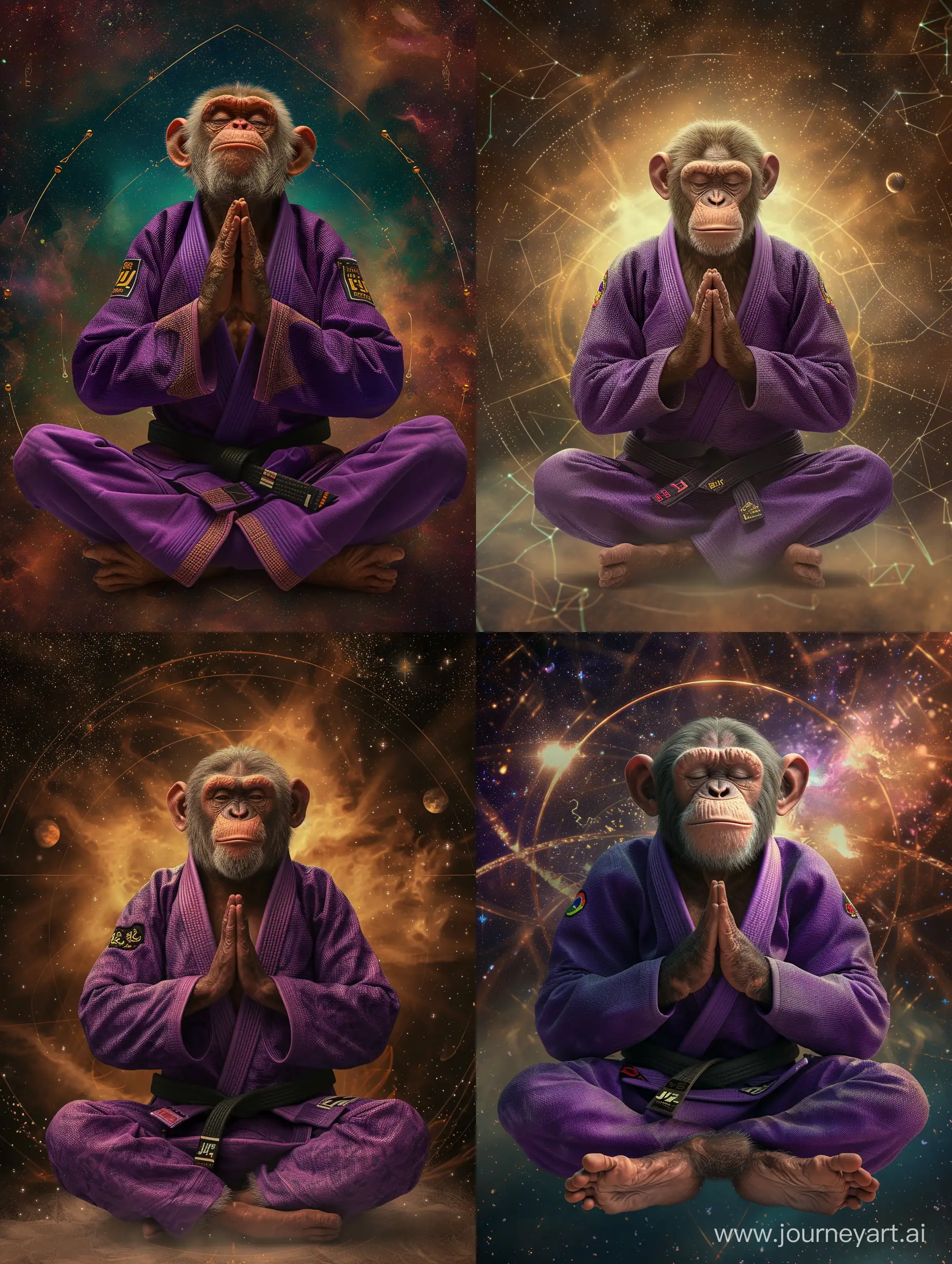 Photo realistic A monkey wearing a purple Brazilian jiu jitsu gi. He is meditating with his legs crossed and palms pressed together in prayer.He is looking at the viewer with an evil grin on his face, symmetry, cosmic background