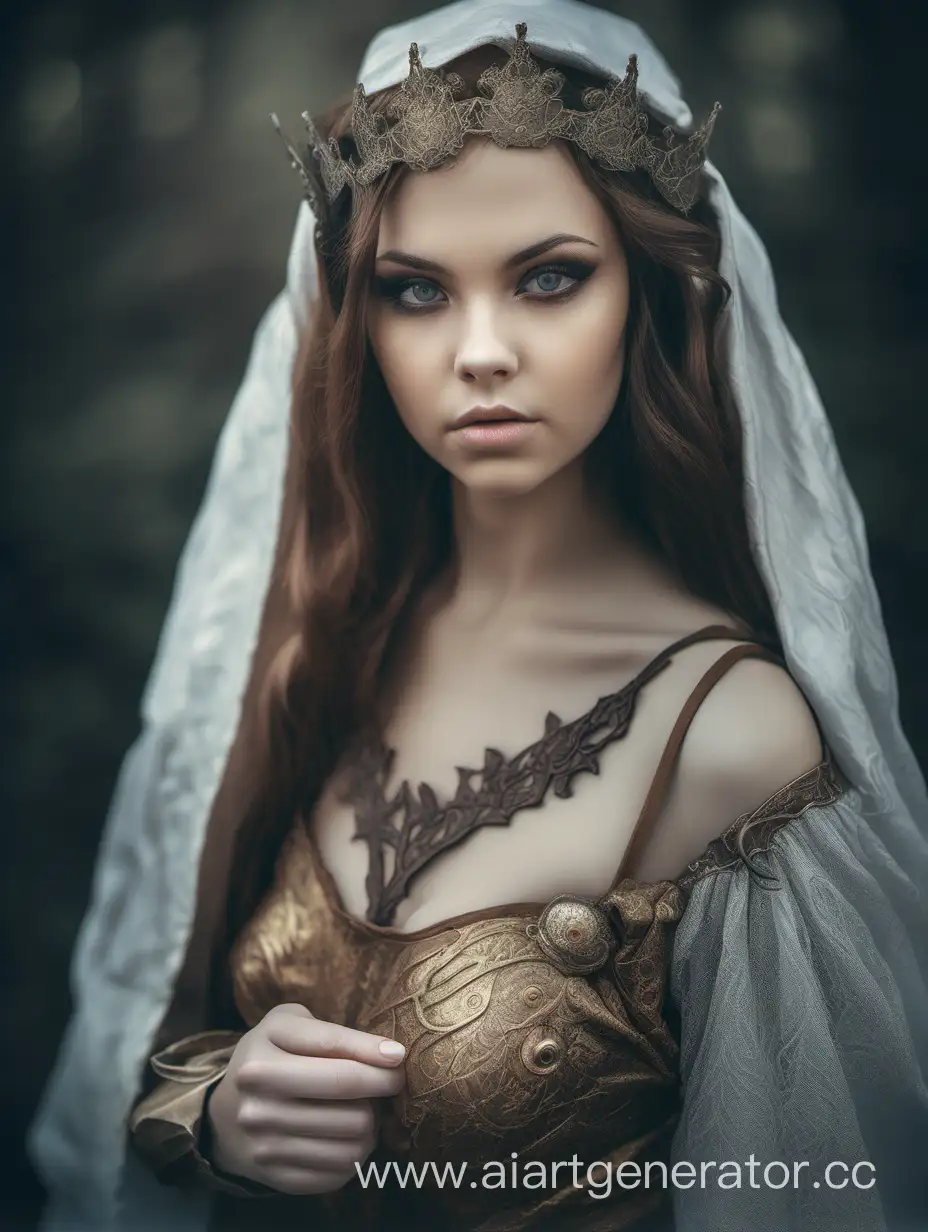 взрослая девушка, нежный взгляд, фэнтези платье в стиле средневековья