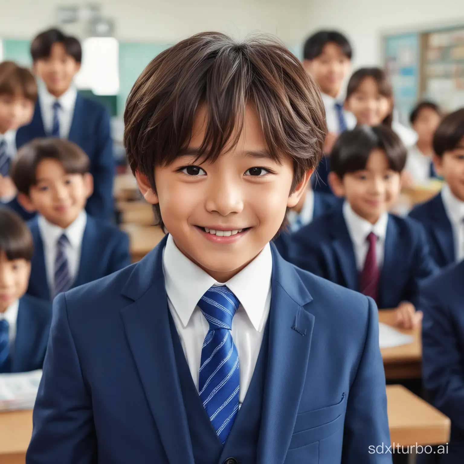 7 YEARS OLD BOY WITH BTS JIN face, BEAUTIFUL HAIR STYLE WITH BLUE SUIT AND TIE, center of frame, smile, smart, whole head, both sides shoulders, suit are in the frame, collecting money from classmates, he walking in classroom, background with many other classmates