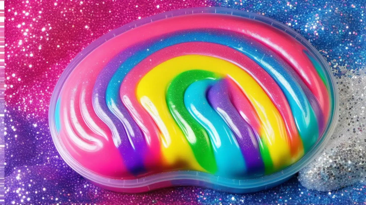 bright shades of rainbow colorful slime that has glitter in it. the slime is fluffy and is rainbow color, similar to the highly sought after slime brand Lisa Frank