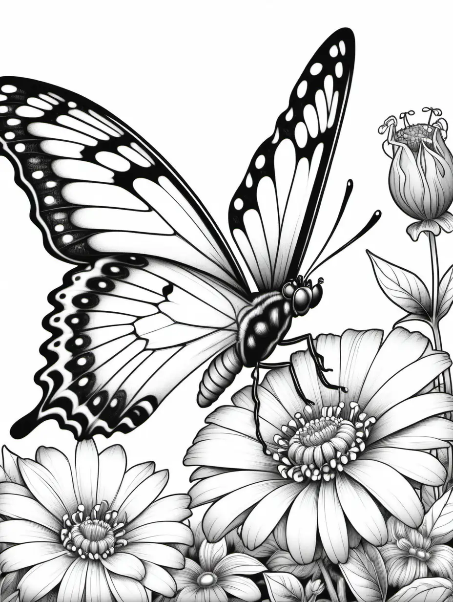 Detailed Black and White Coloring Book Butterfly on Flower