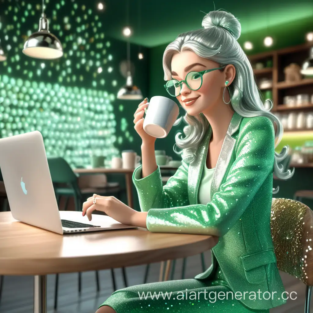 a productivity happy lady is sitting in a coffee shop with a laptop and drinking coffee, in the style of illustration, in light green tones, silver sparkles and shines around, 3d style realistic