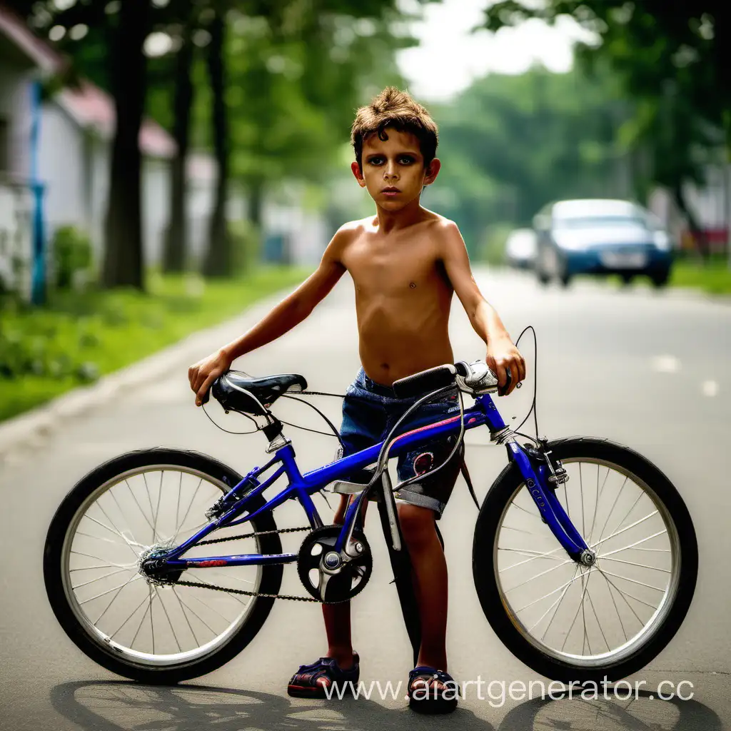 Мальчик девяти лет на велосипеде без рубашки