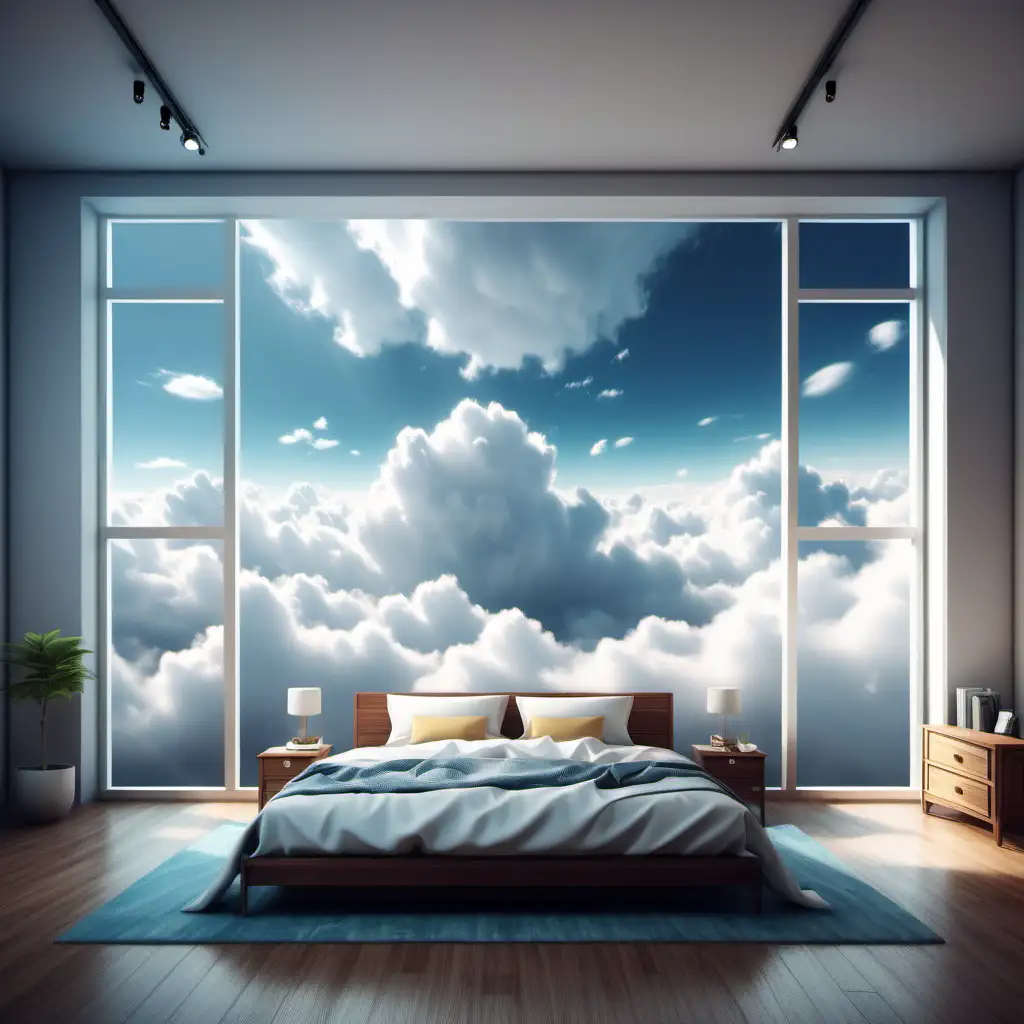 A confortable room in a cloud with the sky on the background, fantasy style, hyper realistic photography, ultra detailed
