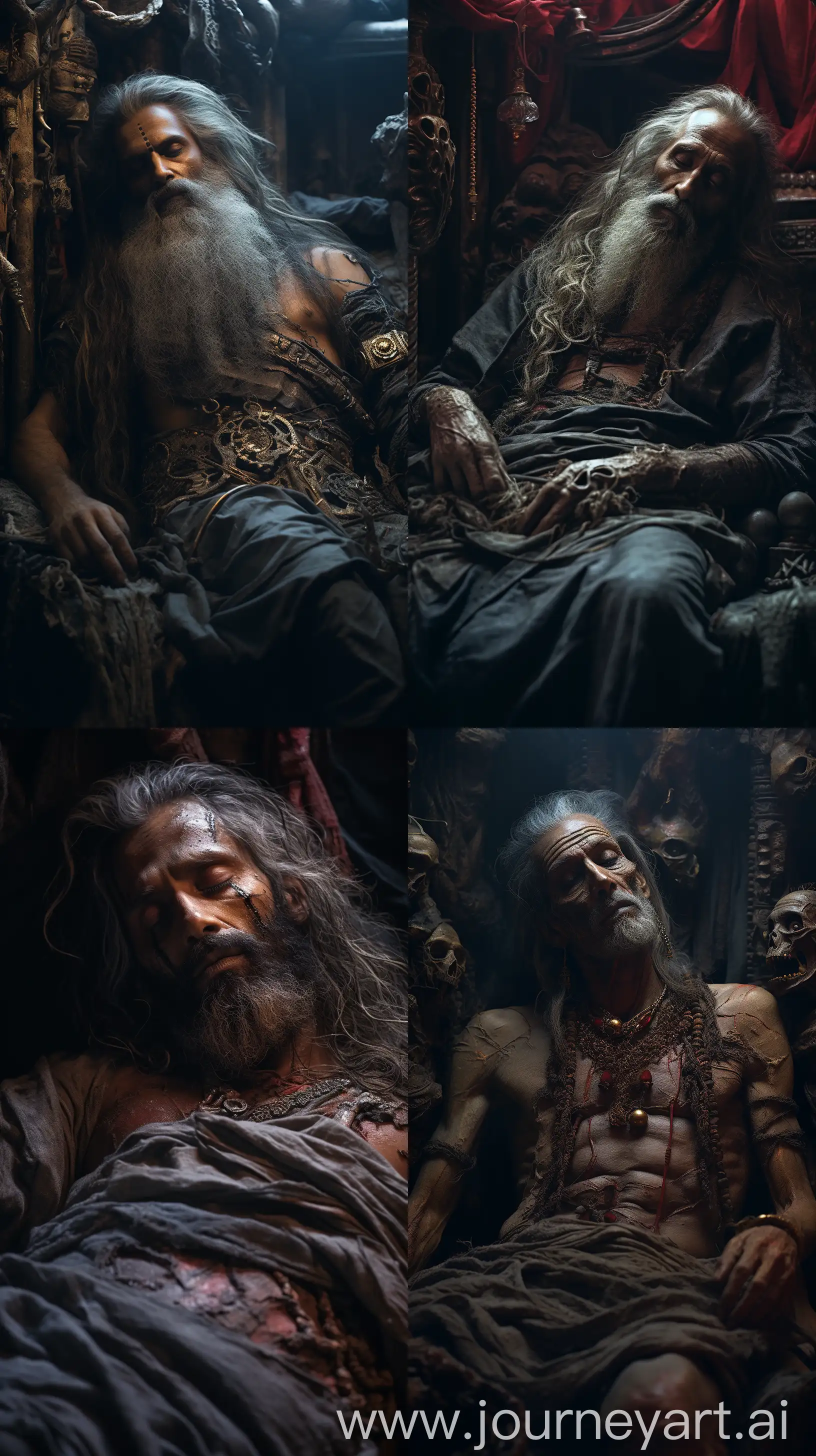 Indian man from ancient times, seen as if he's being resurrected, rising from his dEath bed, amidst a war, intricate details, 8k quality image --s 200 --ar 9:16 --v 5.2