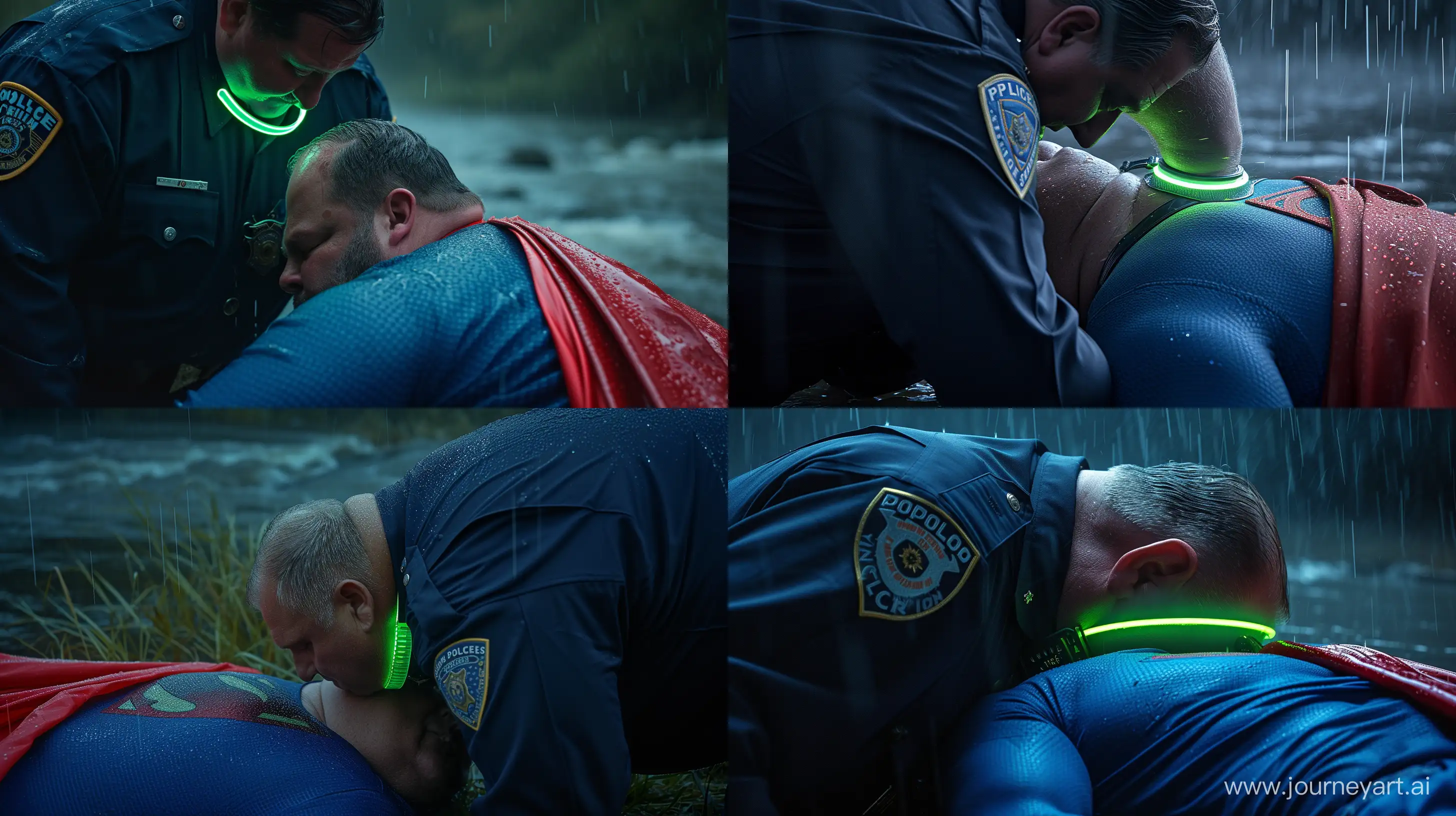 Close-up photo of a fat man aged 60 wearing a navy police uniform. Bending behind and tightening a tight green glowing neon dog collar on the nape of a fat man aged 60 wearing a tight blue 1978 smooth superman costume with a red cape lying in the rain. Natural Light. River. --style raw --ar 16:9