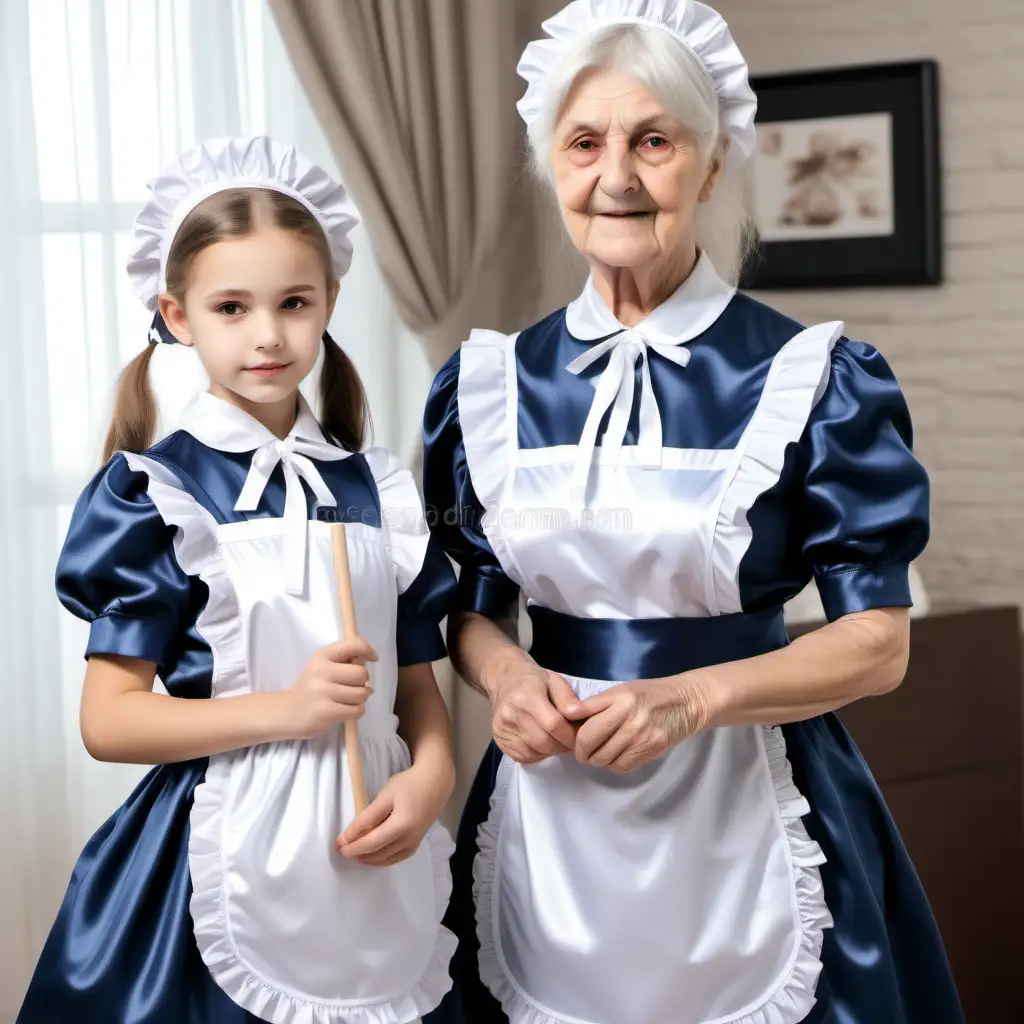 european Girl in satin long maid uniforms,grandmother and daughter with retro maid uniforms