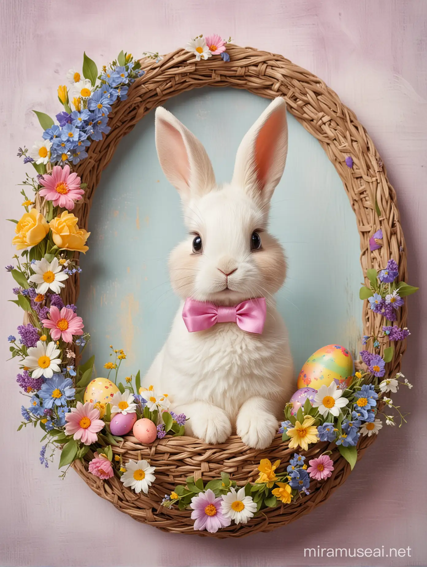 obrazek kolorowymi farbami.  owalna ramka z wiosennych kwiatów, w środku słodki mały królik z dużymi czarującymi oczami, kokardą i koszykiem pisanek,
