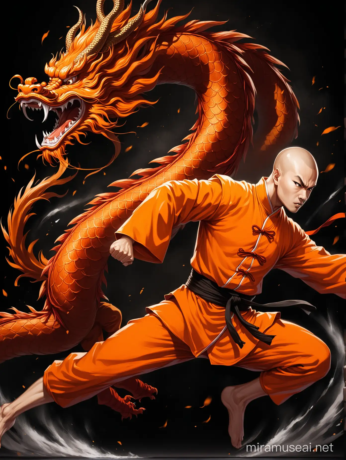 Shaolin monk in orange suit, with Rafał Szulkowski face, fighting with red chinese dragon, dark background