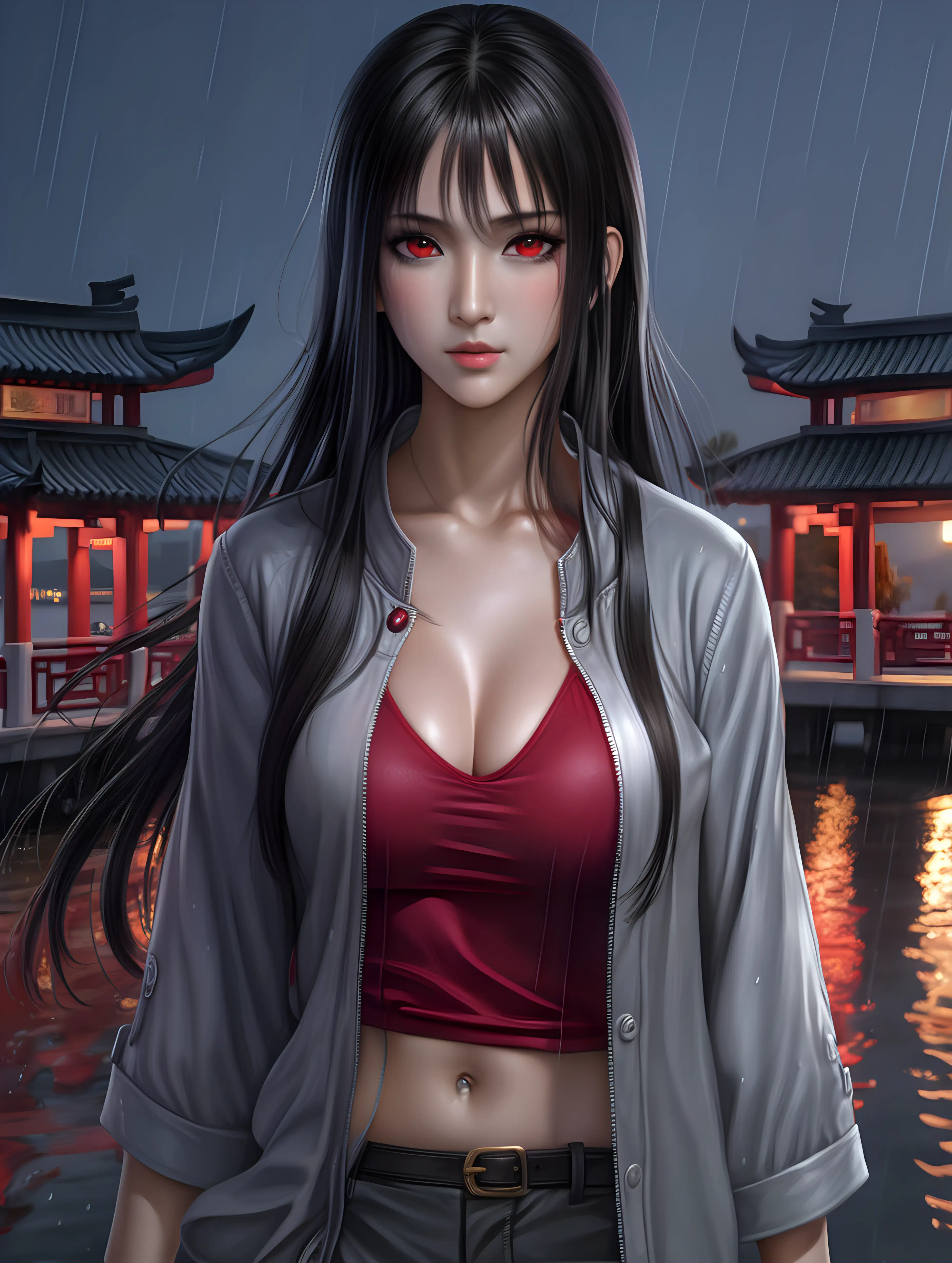 Modern Chinese Femme Fatale in Cranberry Red and Gray Attire by West Lake