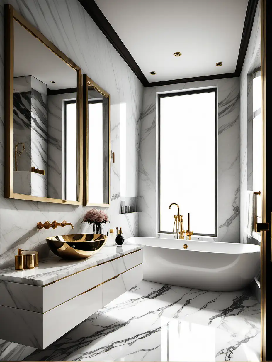 Editorial style photograph of a luxury bathroom with marble counter high resolution 8k