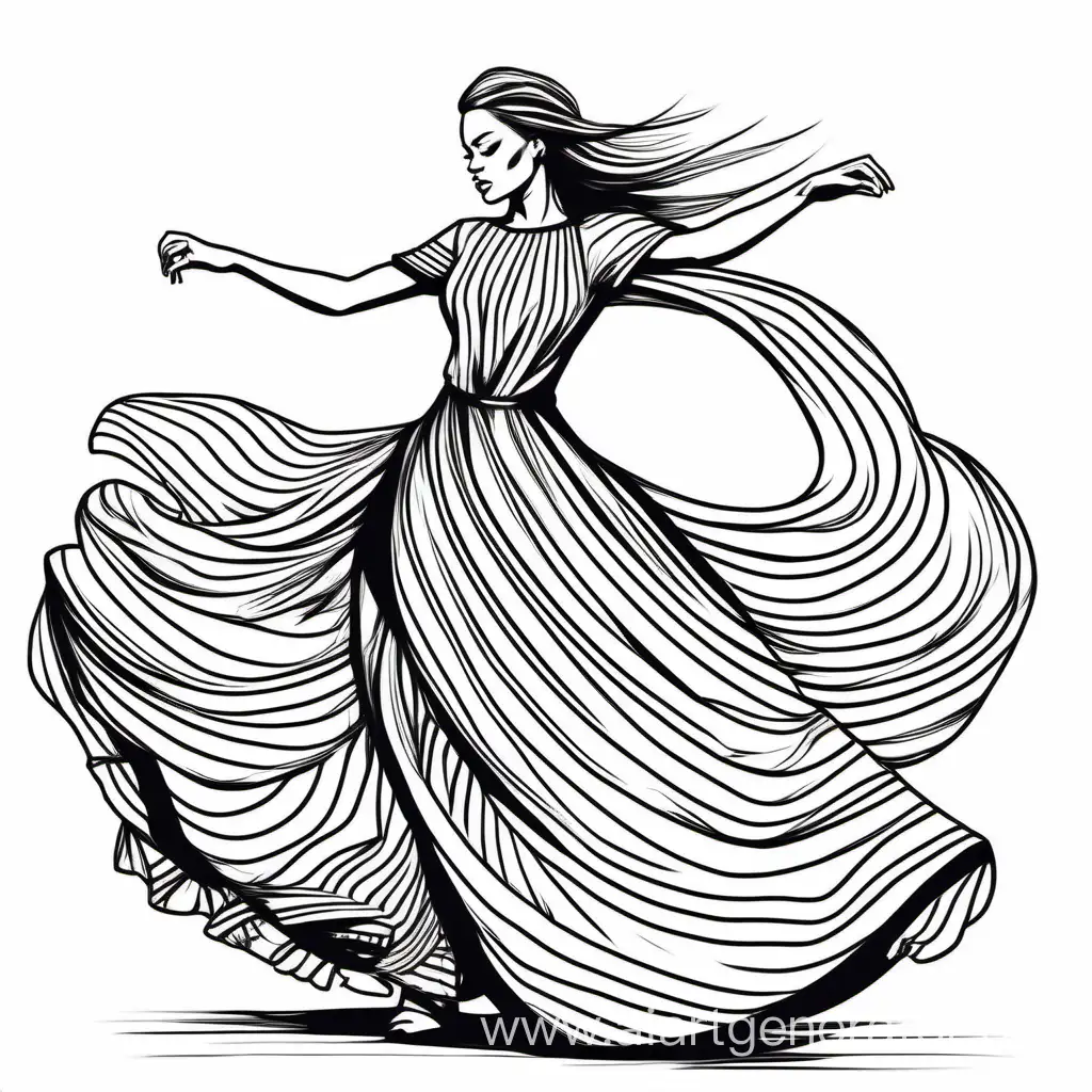 Девушка танцует в красивом платье. Стиль черно-белый лайнарт