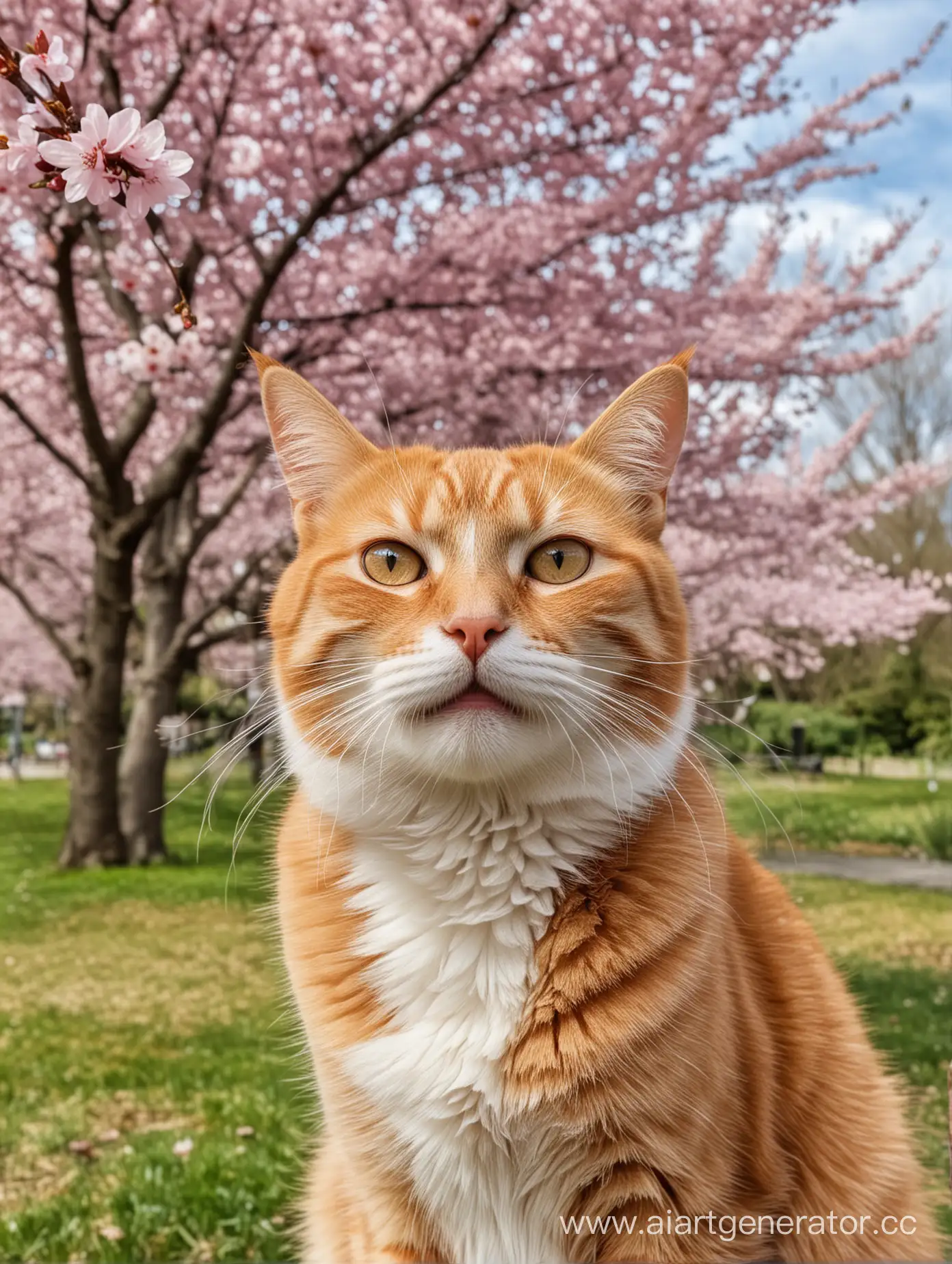 Ginger-Cat-with-Cherry-Blossom-in-Blooming-Park-Photograph