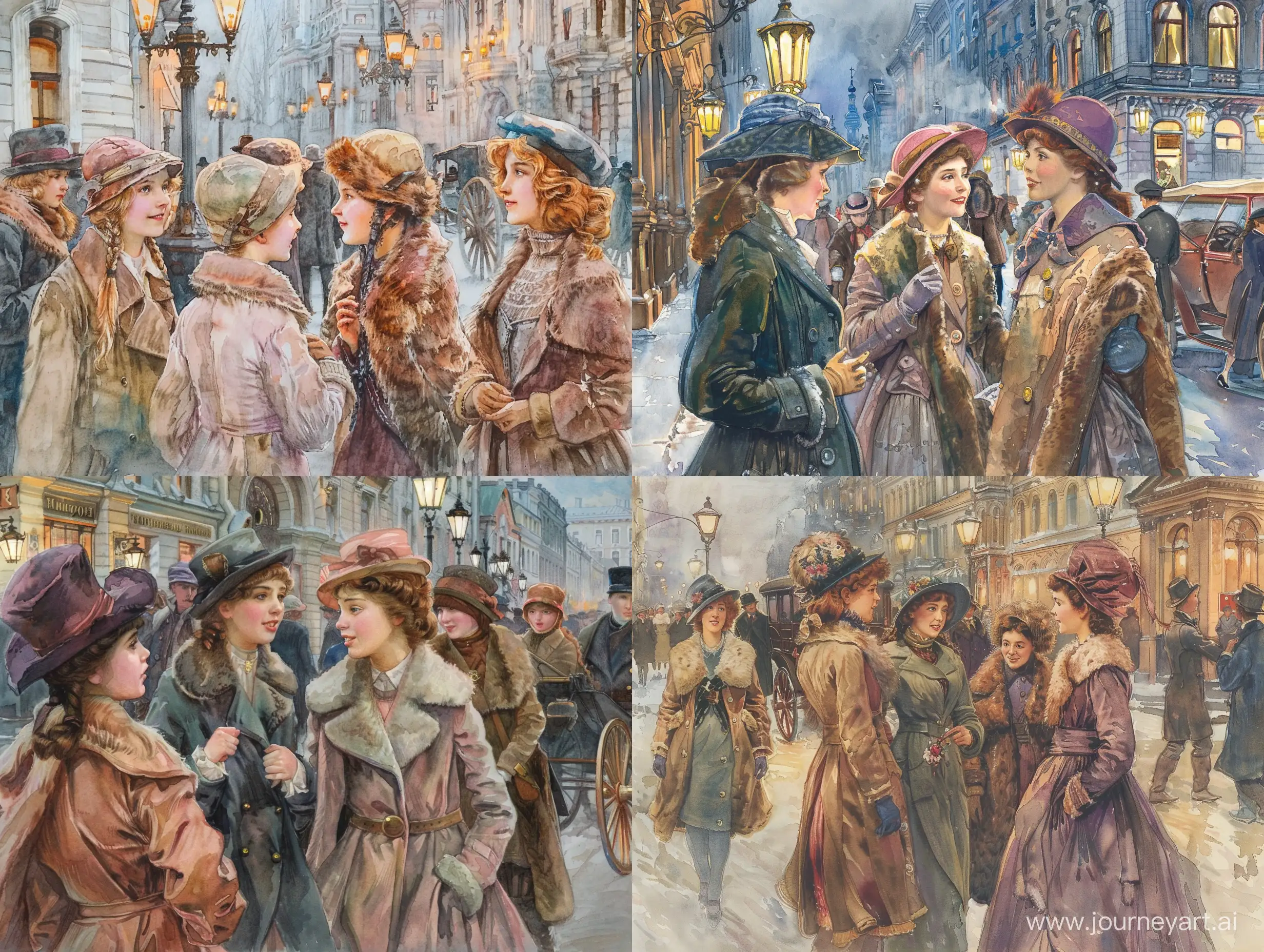 Группа молодых модных девушек жительниц Петербурга гуляют по улице города.На улице Санкт-Петербурга с фонарями, прохожими, магазинами, каретами и извозчиками.Девушки общаются друг с другом и им весело.При общении они смотрят друг другу в глаза.Девушки одеты тепло и красиво по моде 1910 года.На них тёплые шапочки и шубки с мехом или пальто, всёсочетается по цвету и стилю.Акварель в стиле и цвете John Everett Millais.Действие происходит на улице Санкт-Петербурга 1910 года.