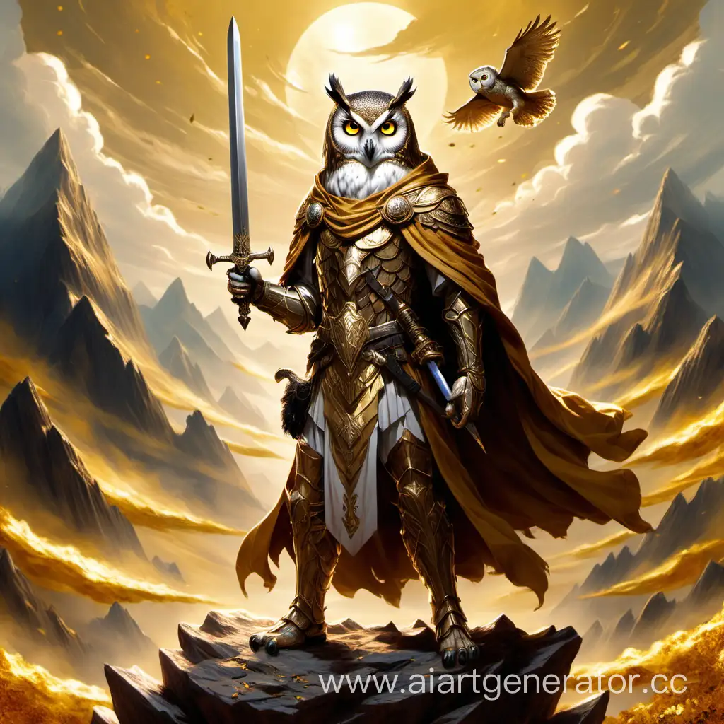 Человек с головой совы, держит в руке меч, на фоне гора золота