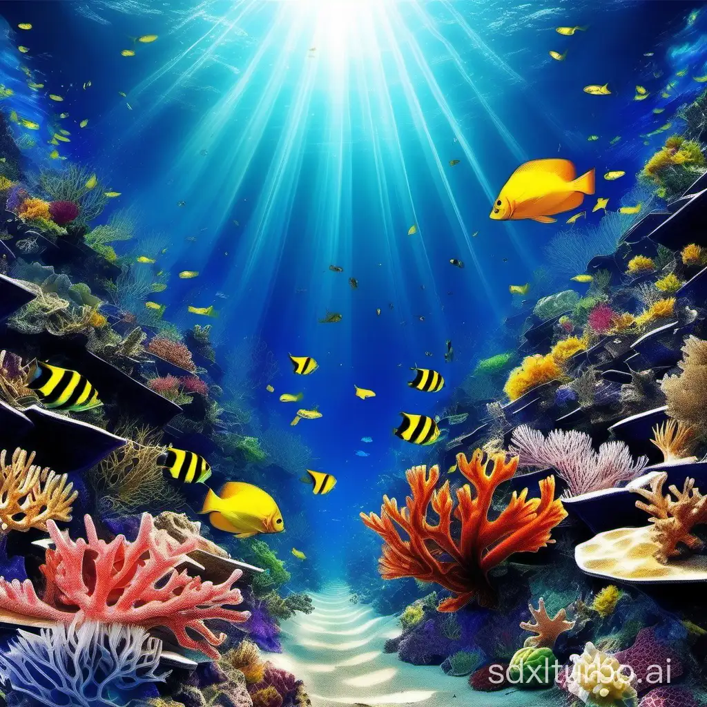 deep sea，Deep blue bottom, with sunlight passing through the sea surface，The sea is very clean and transparent, and there are small fish playing in the colorful corals，Realistic images，Soft sunshine