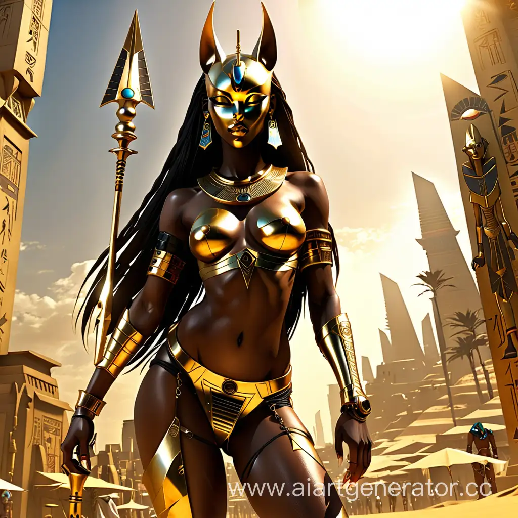 beaty anime girl with long hair black skin gold beautiful woman, ((, sun in the sky , FULL LENGTH PICTURE, full body visible, EGYPTIAN 1WOMAN, , skinny, perfect body, perfect breasts, (detailed face:1.3), TAN SKIN, anubis cyberpunk mechanical body parts spear in hand, egypt city on  mask on face background 