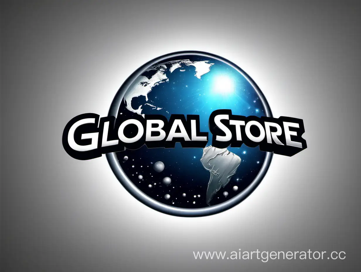 Логотип с названием Global Store, где будет планета на серебряном фоне с дополнительными эффектами