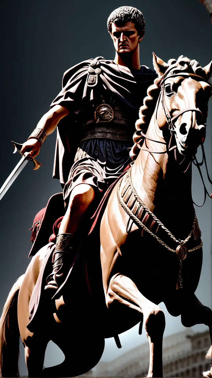 Roman emperor Caligula is angry and on horseback, the picture is dark

