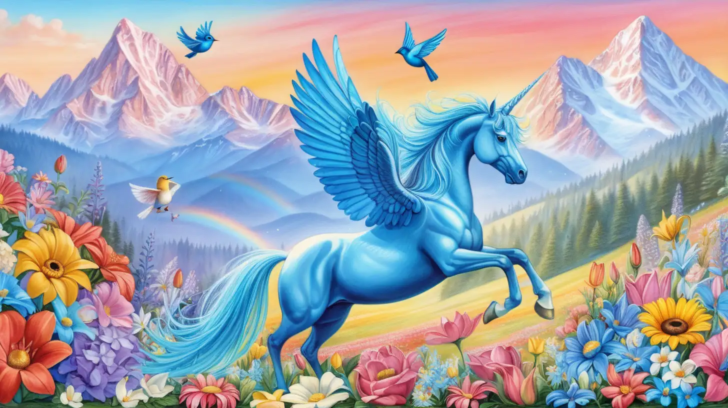colorful flowers, blue bird, pretty mountains, dancing unicorn