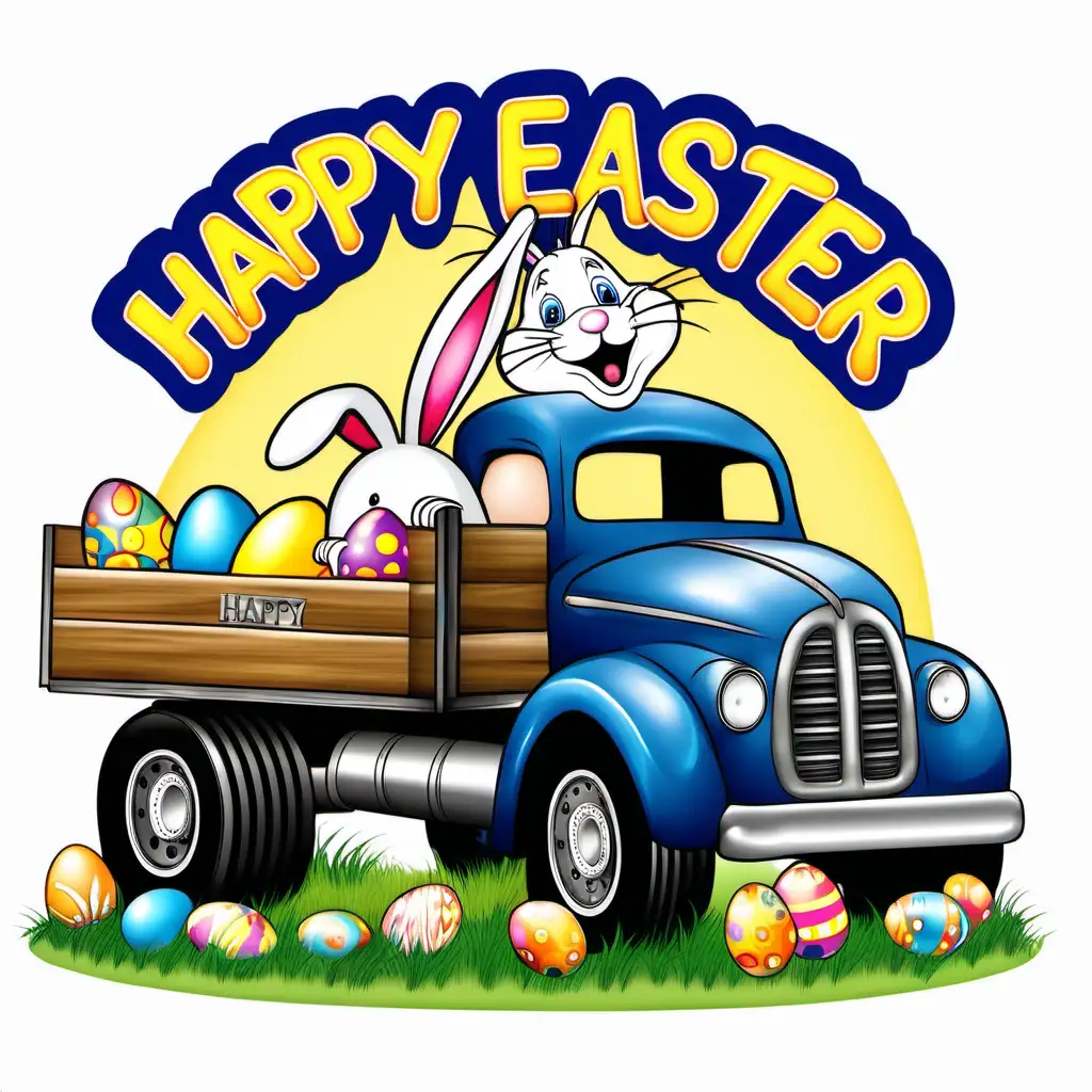 HAPPY EASTER , ARCHED LETTERS, EASTER BUNNY,  TRUCK REAR, NO BACKGROUND