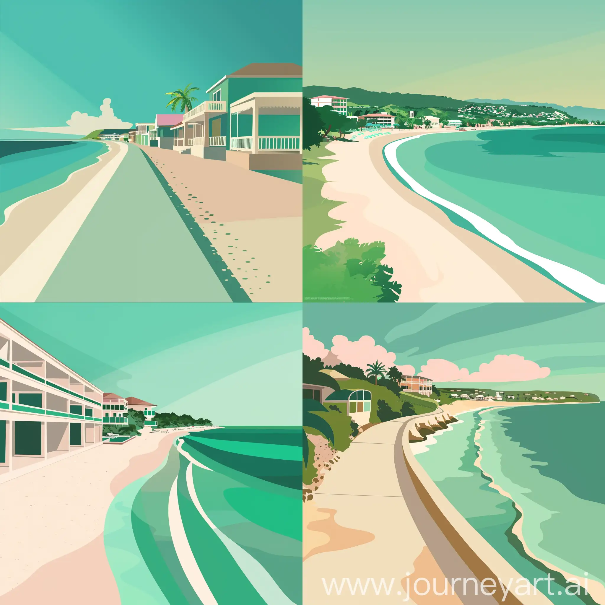 negril Jamaica, flat design, not too complex, modern, 4k, epic composition, flat vector art illustration, turquoise green and beige, white, pink colors, long shot