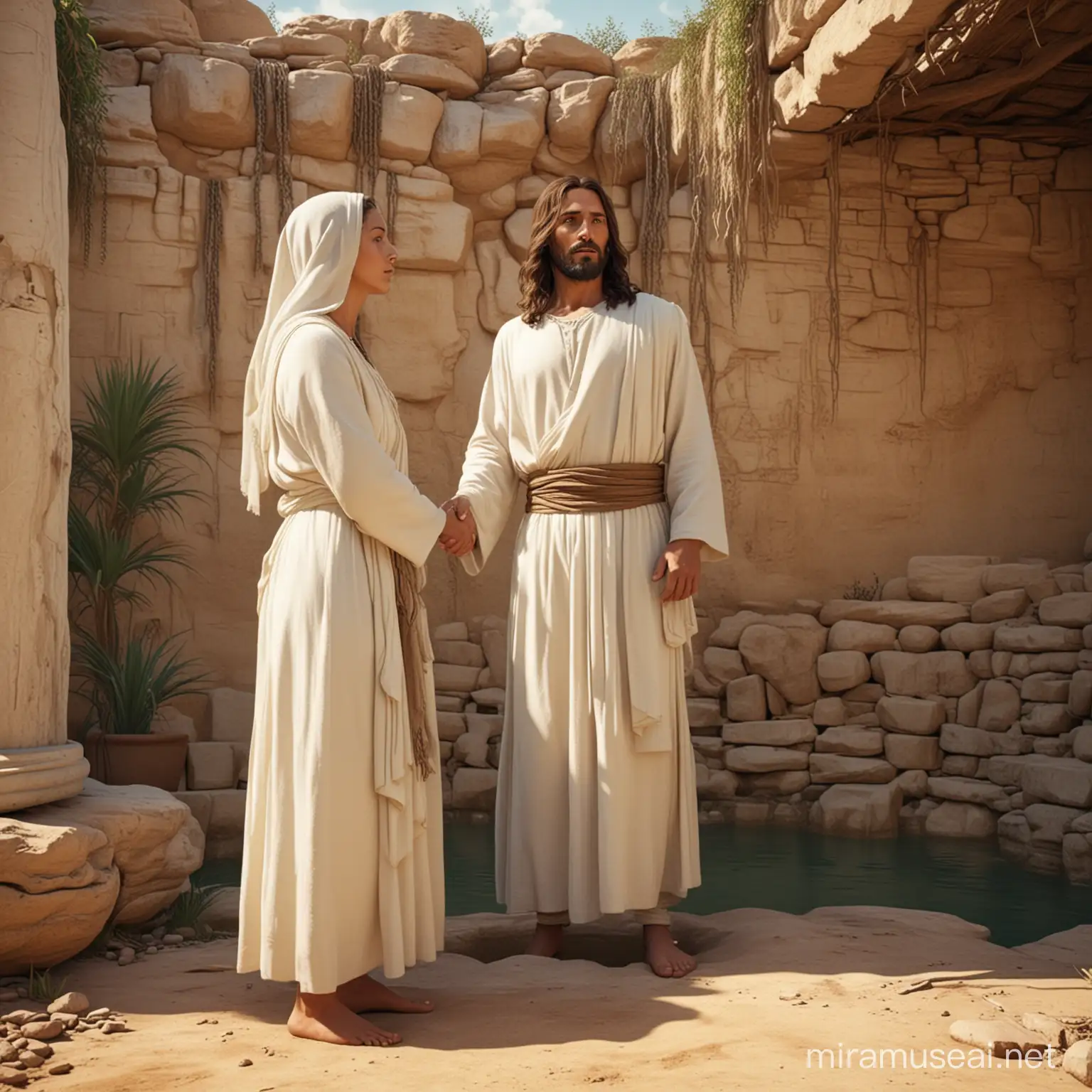 Jesus and Samaritan Woman at Biblical Well in Ultra HD Quality