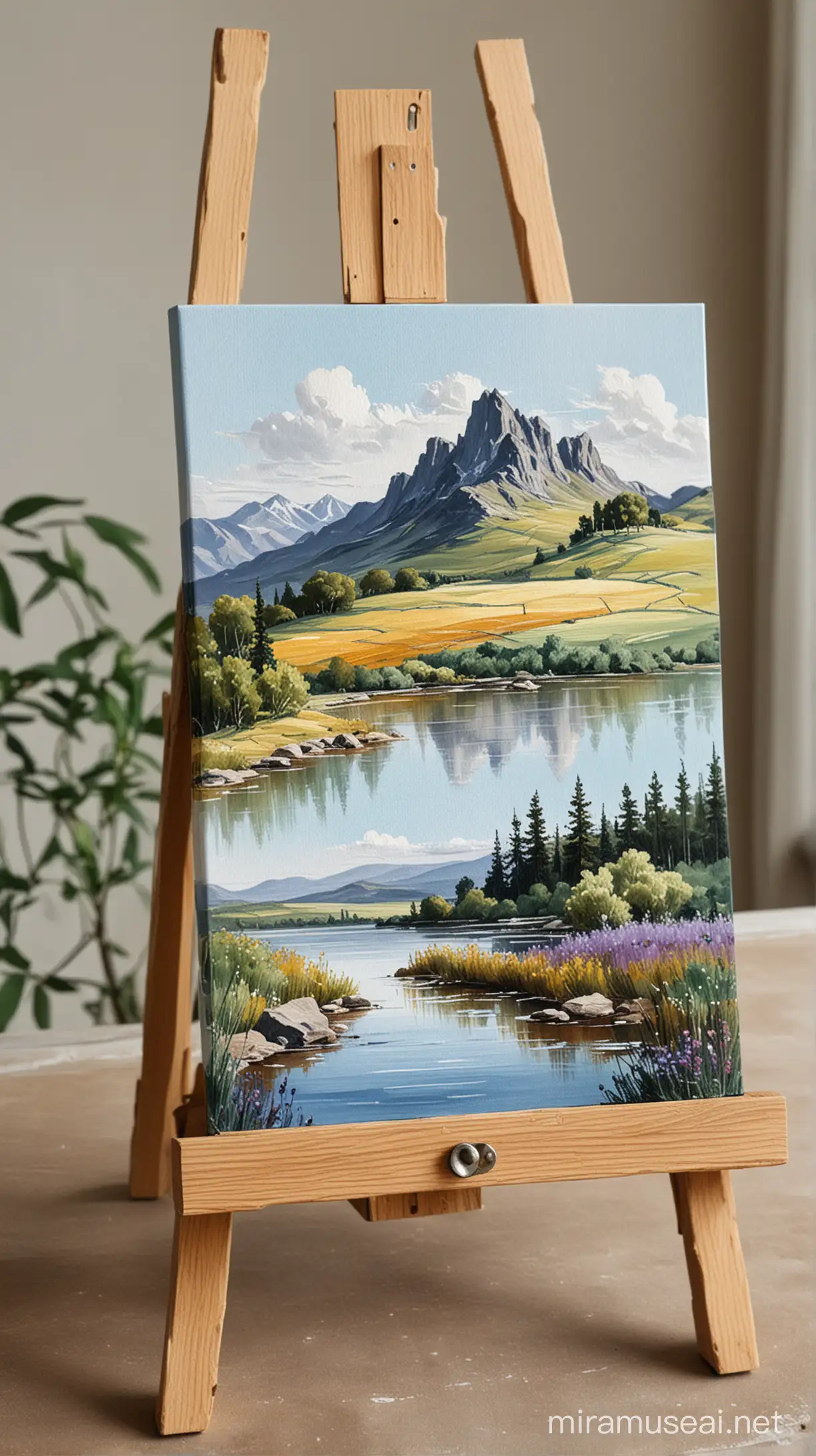A small canvas painting on an easel with a landscape. The easel is kept on a table.