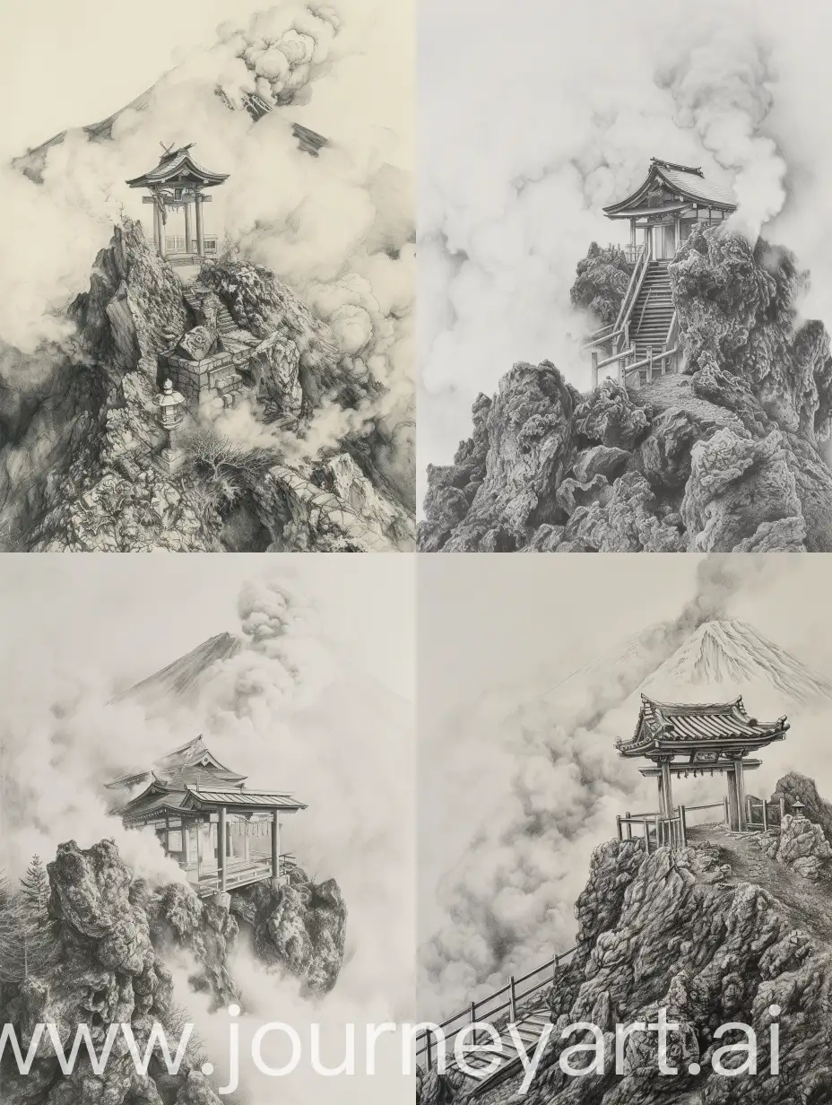drawing of a japanese shinto shrine on a volcanic mountain with fumes