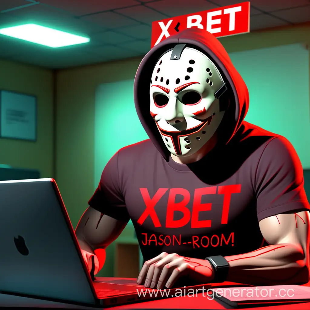 парень в маске потрошителя сидит за ноутбуком , у него на футболке написано xbet , освещение в комнате красное, и висит табличка с текстом jason, текст должен быть хороший и не повторяться