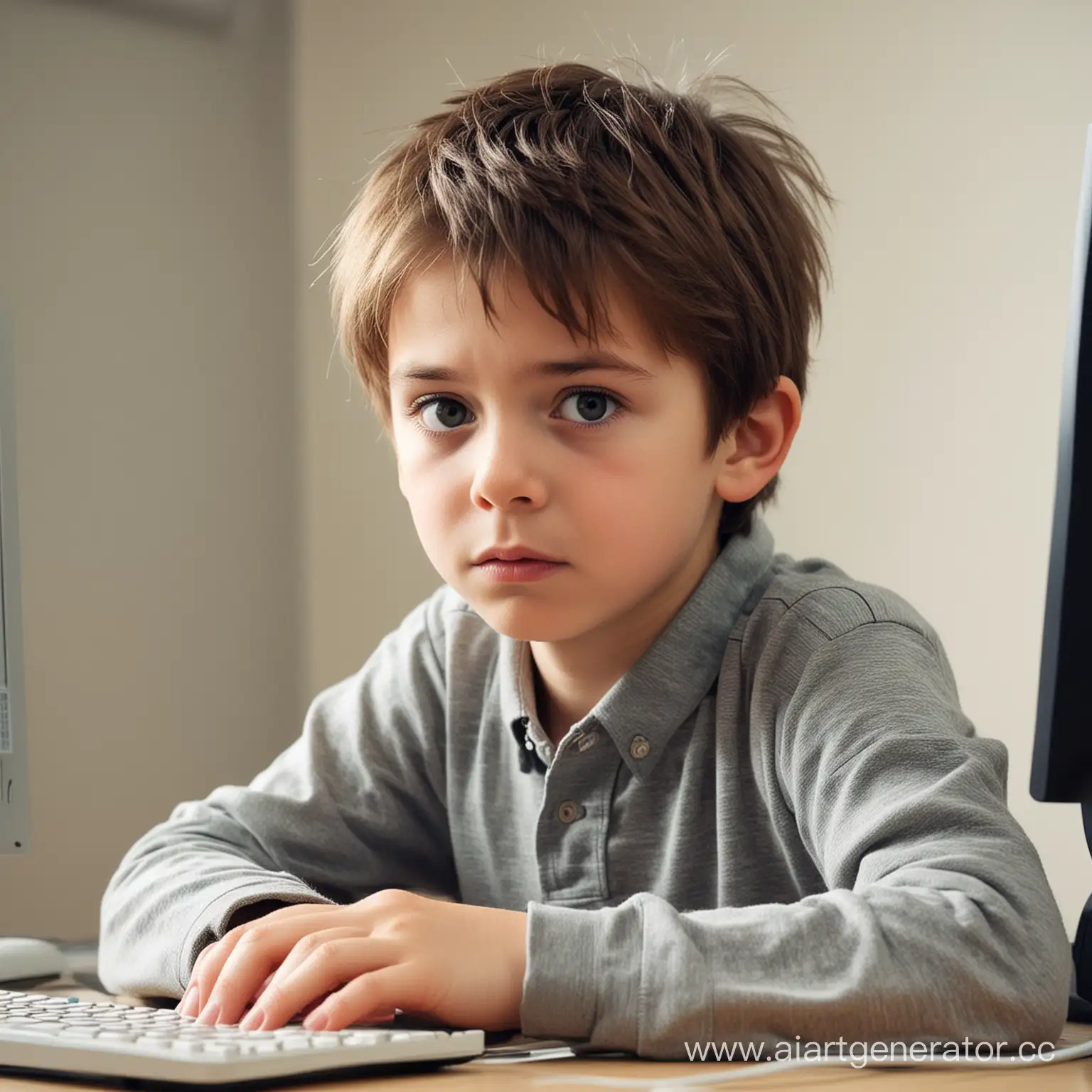 Очень тупой мальчик сидит за компьютером