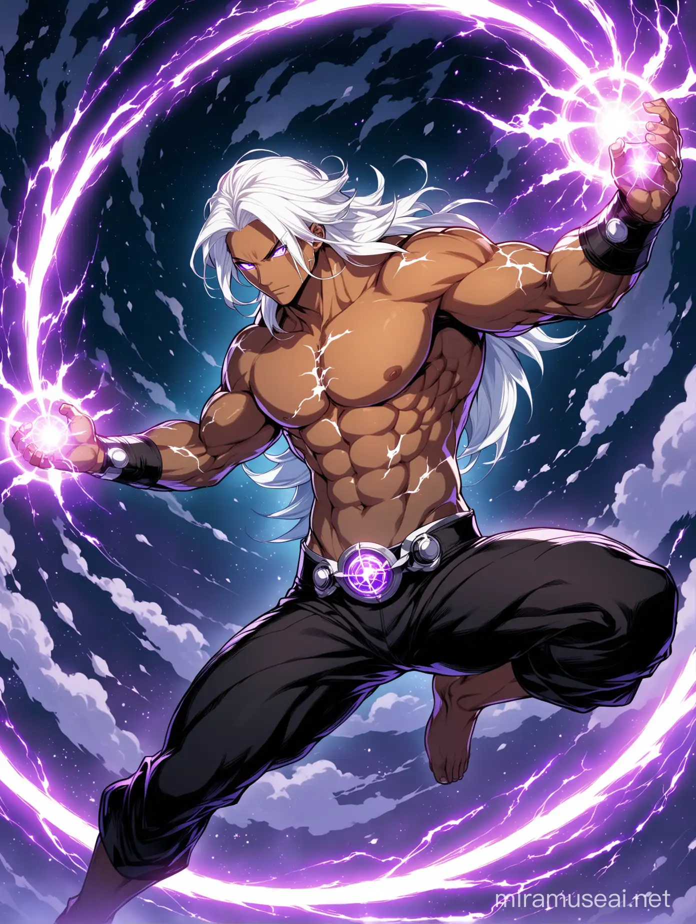 A tan man who is 23 years old, he is muscular, shirtless, and has black pants on. This man has long white hair and dark purple eyes. He has cracks throughout his body, seething with black light. He is in a fighting position while levitating in the sky. He looks like Nanook from honkai star rail. He has many cracks in his body. He also is very evil and radiates dark black energy. For he is, the god of anarchy. He is evil and intimidating. 