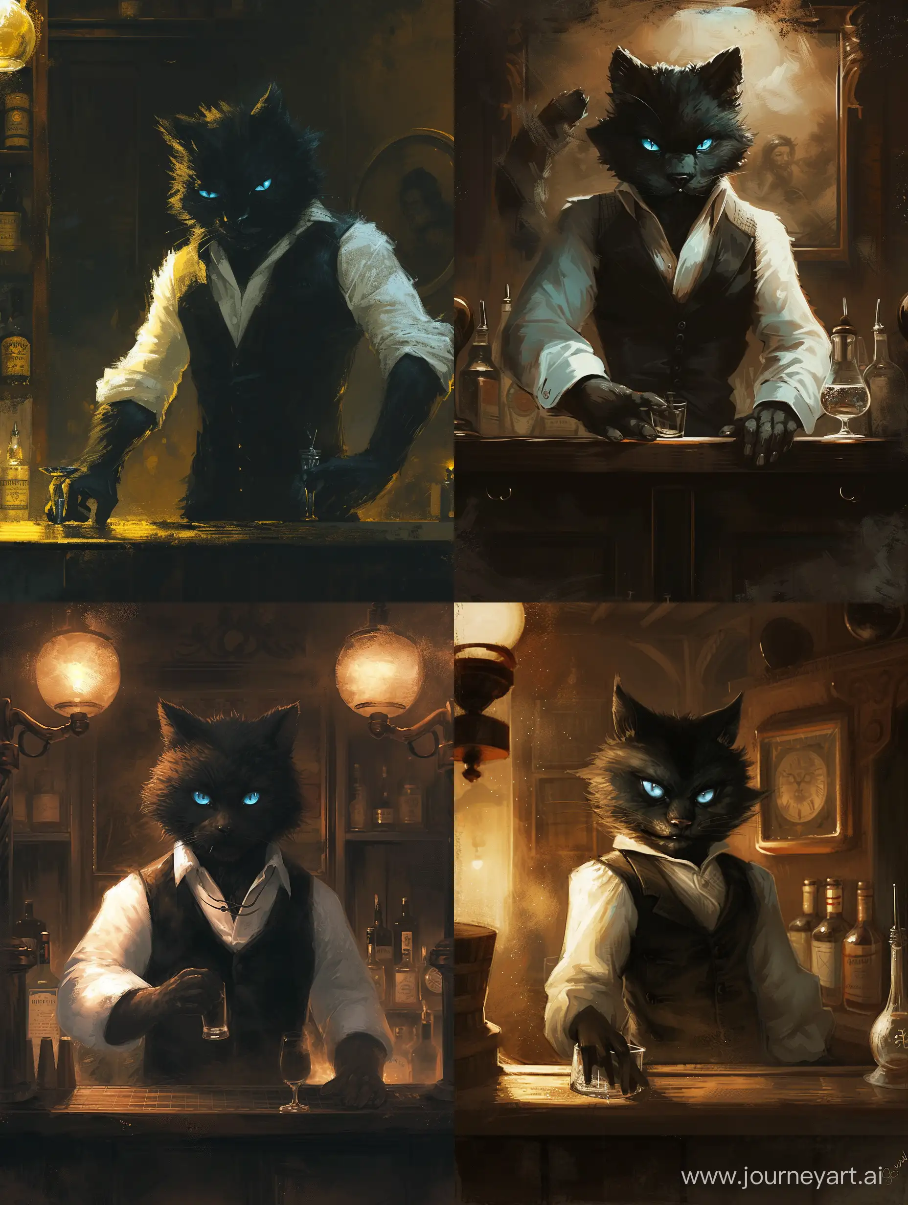 style: an old illustration; the hero: an anthropomorphic furry black cat with bright blue eyes, he is a bartender in a white shirt and black vest, serious, he rubs a glass; he stands behind the bar, the environment is dark and ranged light,