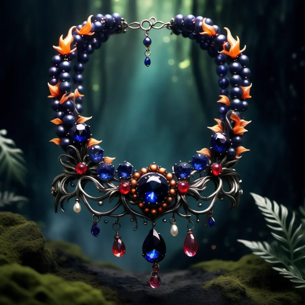 Make a jewellery inspired by a dark  enchanted jungle in a fairy land where witches are practising fire magic. With sapphires pearls and flows. Clean background 